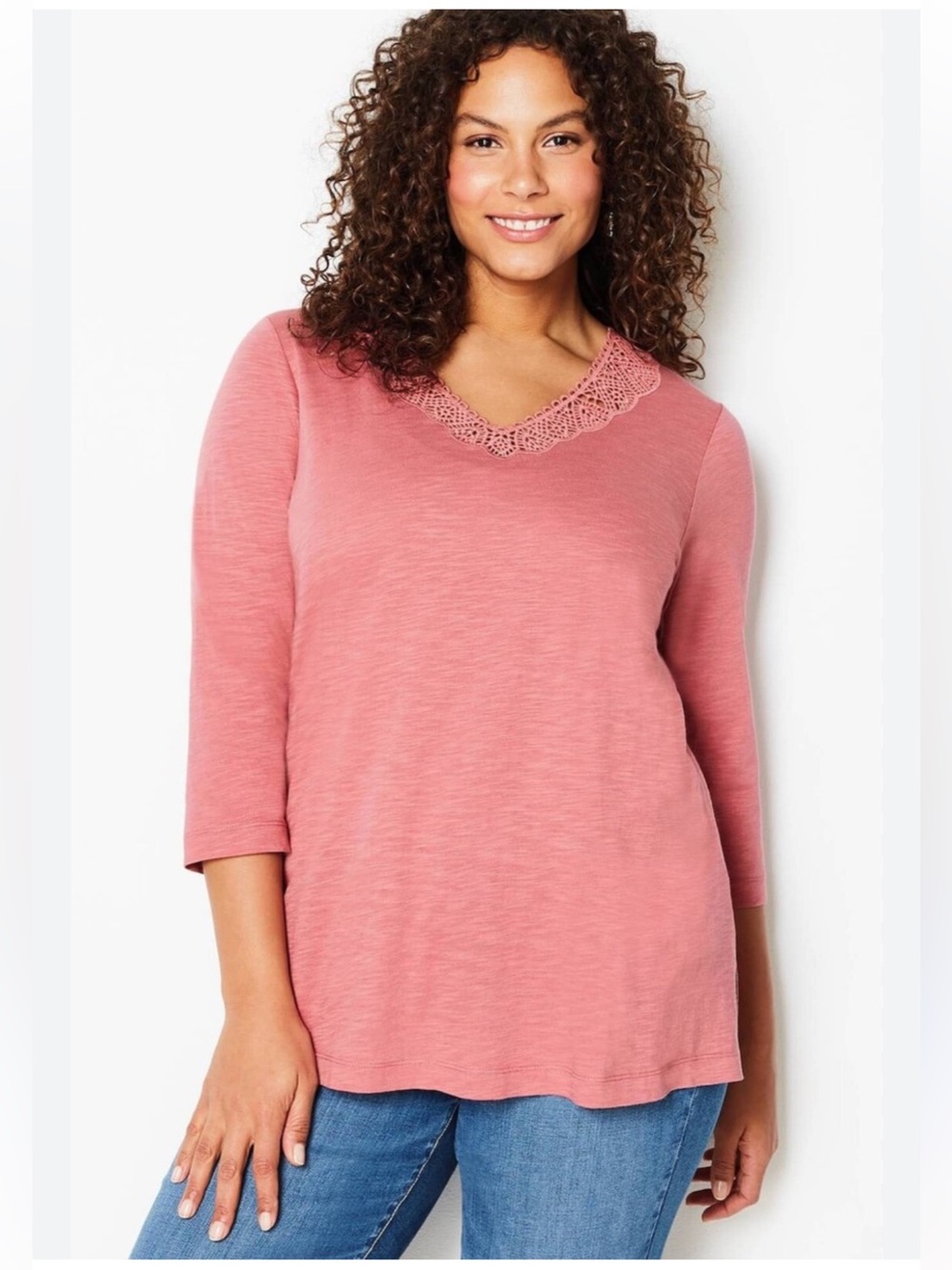 J. Jill Cotton Blend Lace V-Neck Tunic Blouse Top in Rose Sunset Womens Size XL